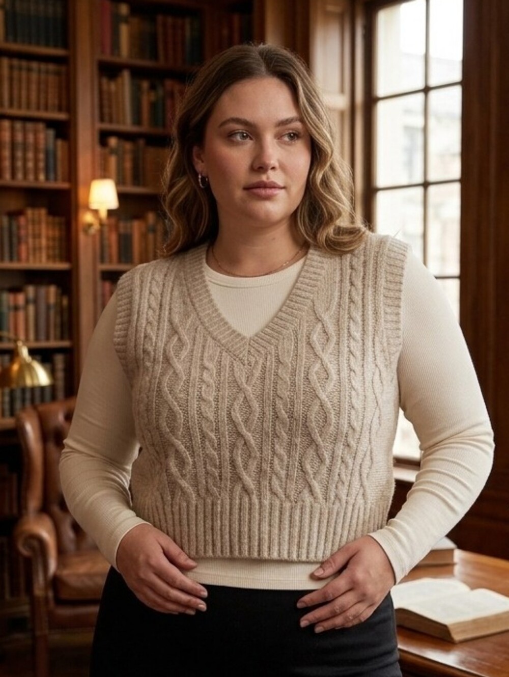Ruby Moon Y2K Neutral Cropped Wheat Colour V-Neck Cable Knit Sweater Vest